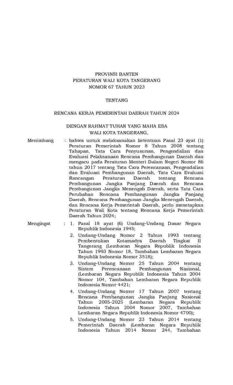 Peraturan Walikota Tangerang No 67 tahun 2023 tentang Rencana Kerja Pemerintah Daerah Tahun 2024