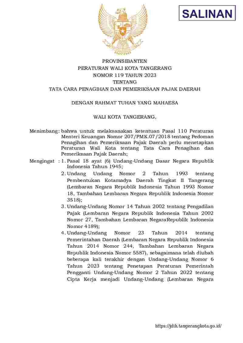 Peraturan Walikota Tangerang No 119 tahun 2023 tentang Tata Cara Penagihan Dan Pemeriksaan Pajak Daerah