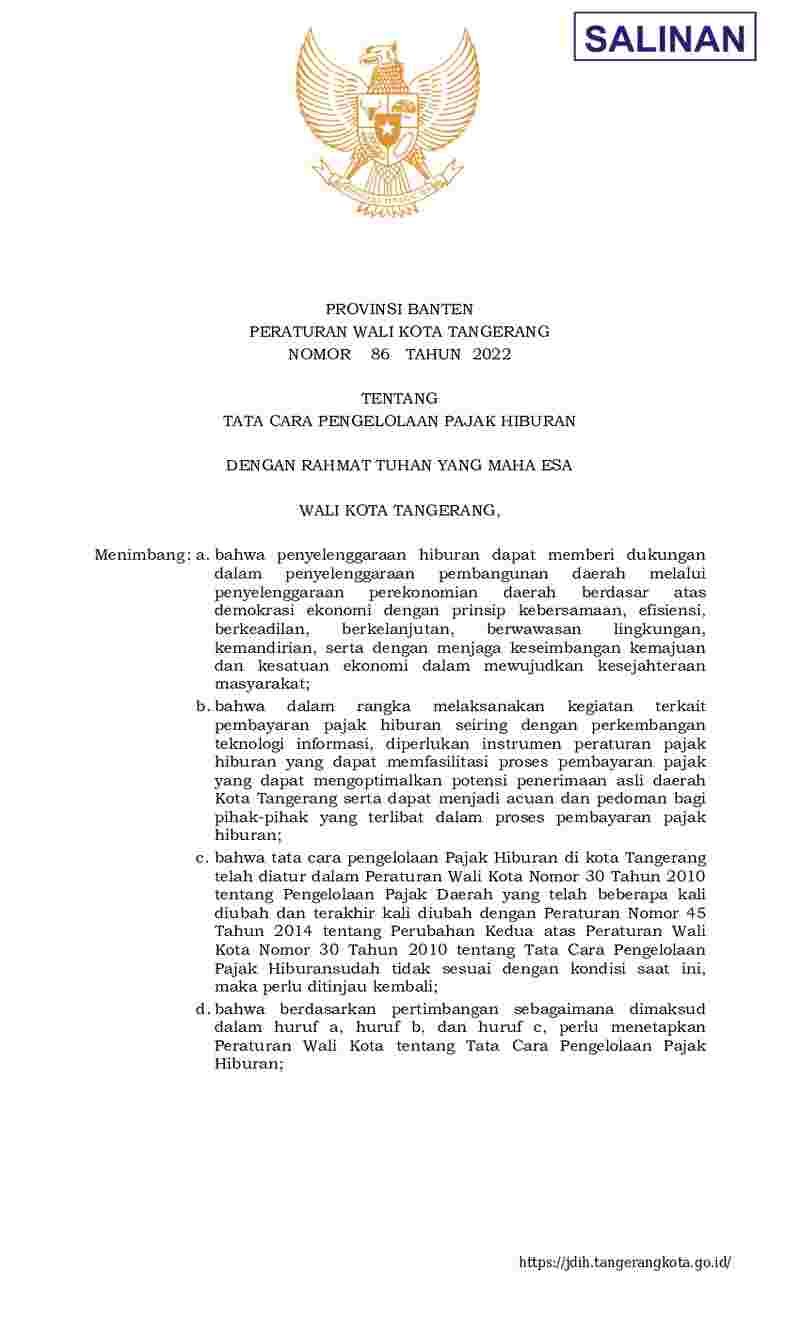Peraturan Walikota Tangerang No 86 tahun 2022 tentang Tata Cara Pengelolaan Pajak Hiburan
