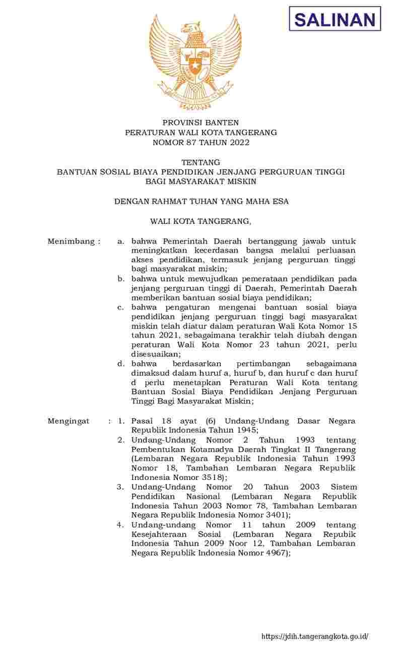 Peraturan Walikota Tangerang No 87 tahun 2022 tentang Bantuan Sosial Biaya Pendidikan Jenjang Perguruan Tinggi bagi Masyarakat Miskin