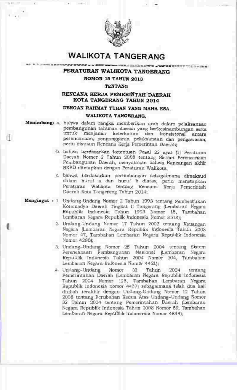 Peraturan Walikota Tangerang No 15 tahun 2013 tentang Rencana Kerja Pemerintah Daerah Kota Tangerang Tahun 2014