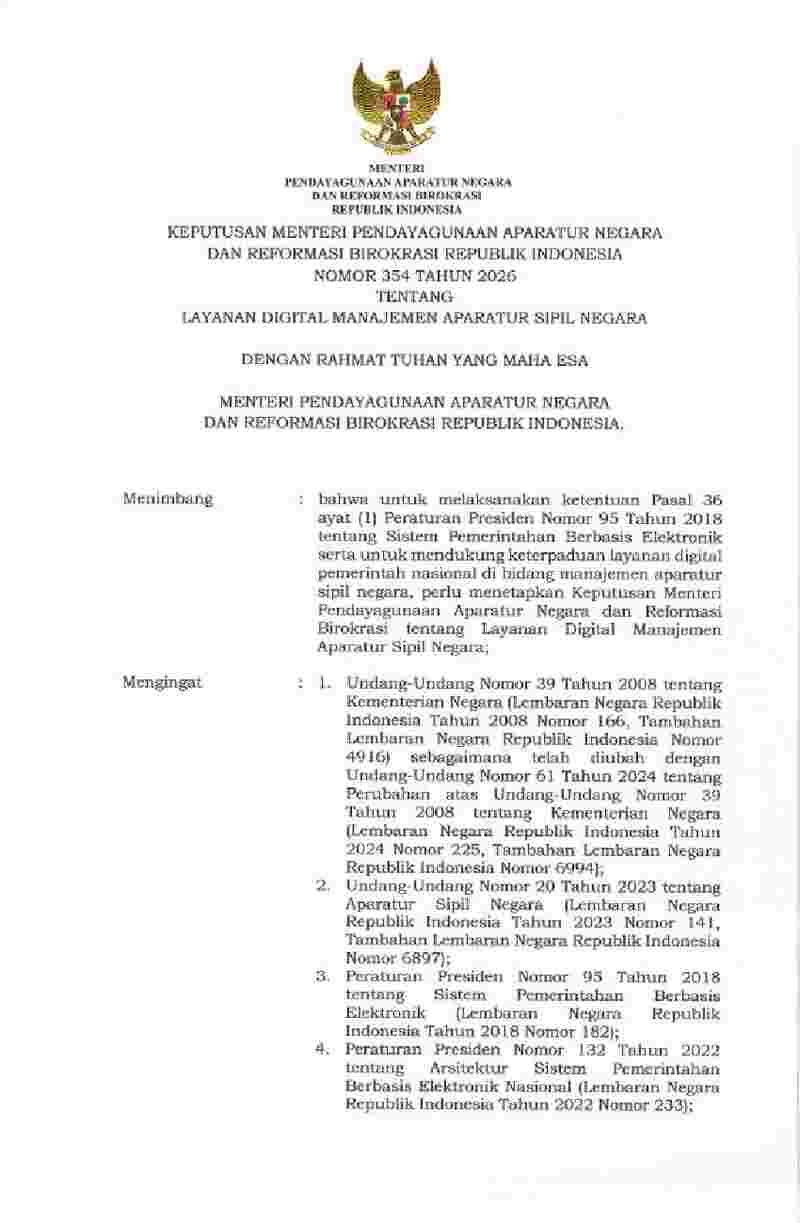 Keputusan Menteri Negara Pendayagunaan Aparatur Negara dan Reformasi Birokrasi No 354 tahun 2026 tentang Layanan Digital Manajemen Aparatur Sipil Negara