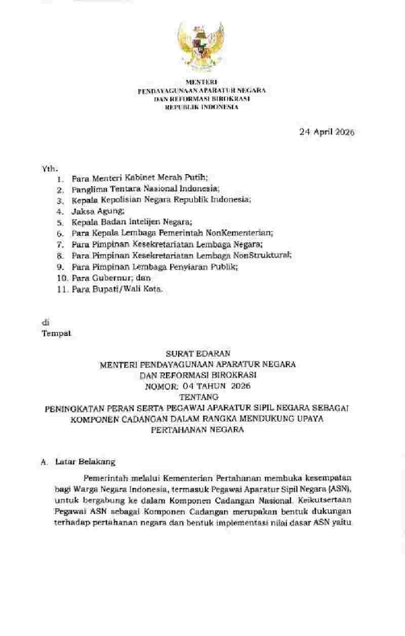 Surat Edaran Menteri Negara Pendayagunaan Aparatur Negara dan Reformasi Birokrasi No 4 tahun 2026 tentang Peningkatan Peran serta Pegawai Aparatur Sipil Negara sebagai  Komponen Cadangan dalam Rangka Mendukung Upaya Pertahanan Negara 