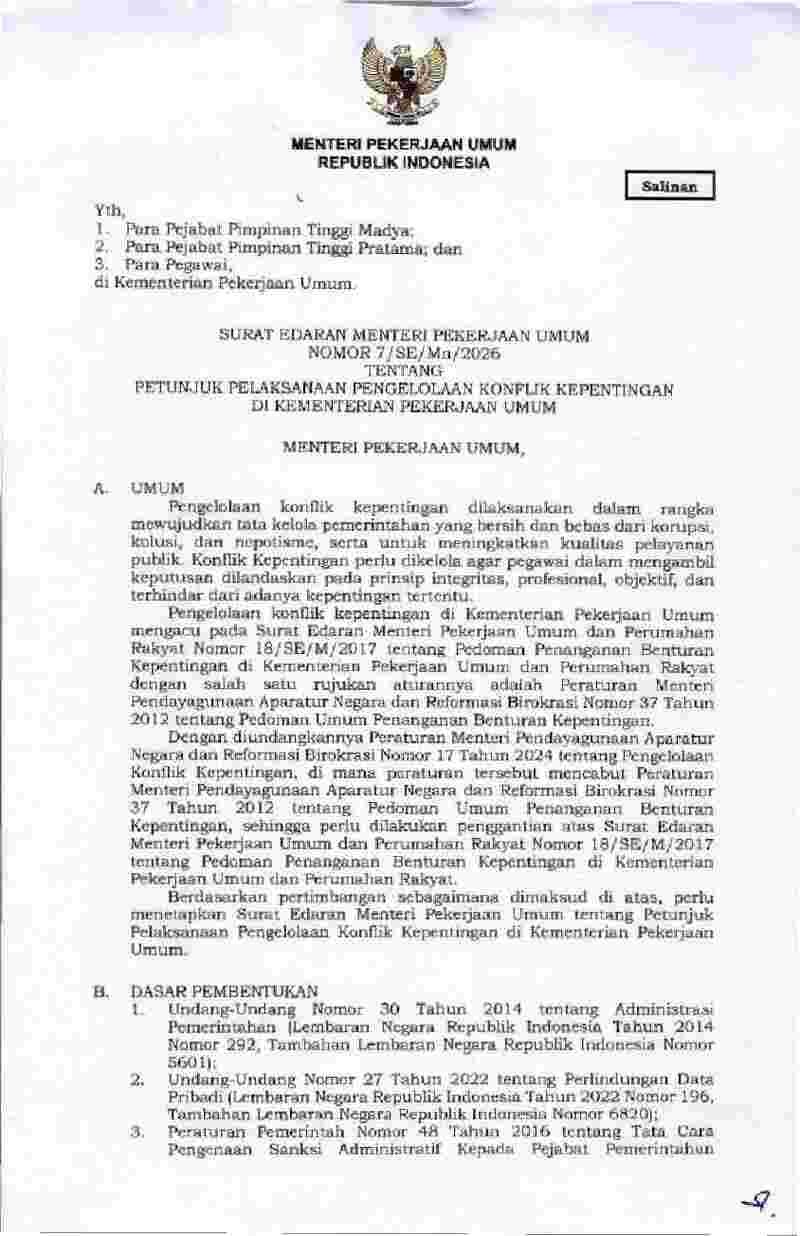 Surat Edaran Menteri Pekerjaan Umum No 7/SE/Mn/2026 tahun 2026 tentang Petunjuk Pelaksanaan Pengelolaan Konflik Kepentingan di Kementerian Pekerjaan Umum