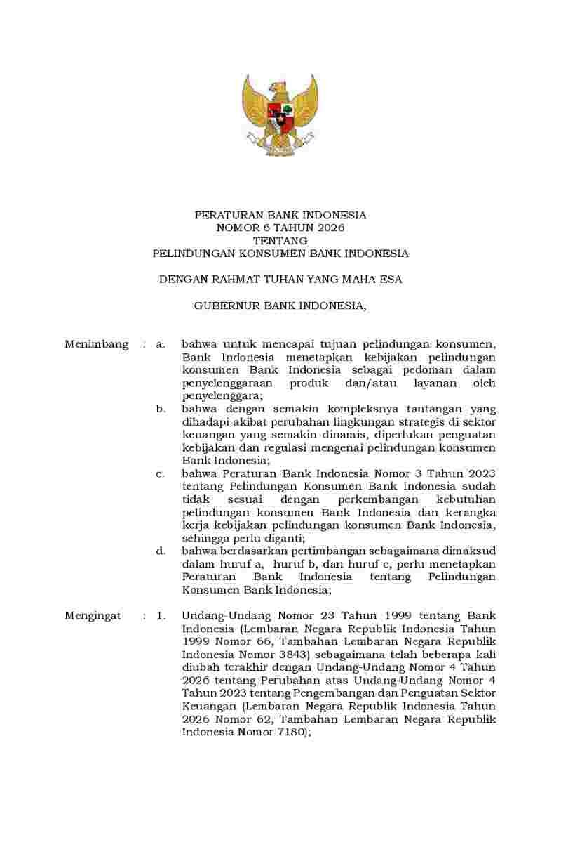 Peraturan Bank Indonesia (BI) No 6 tahun 2026 tentang Pelindungan Konsumen Bank Indonesia