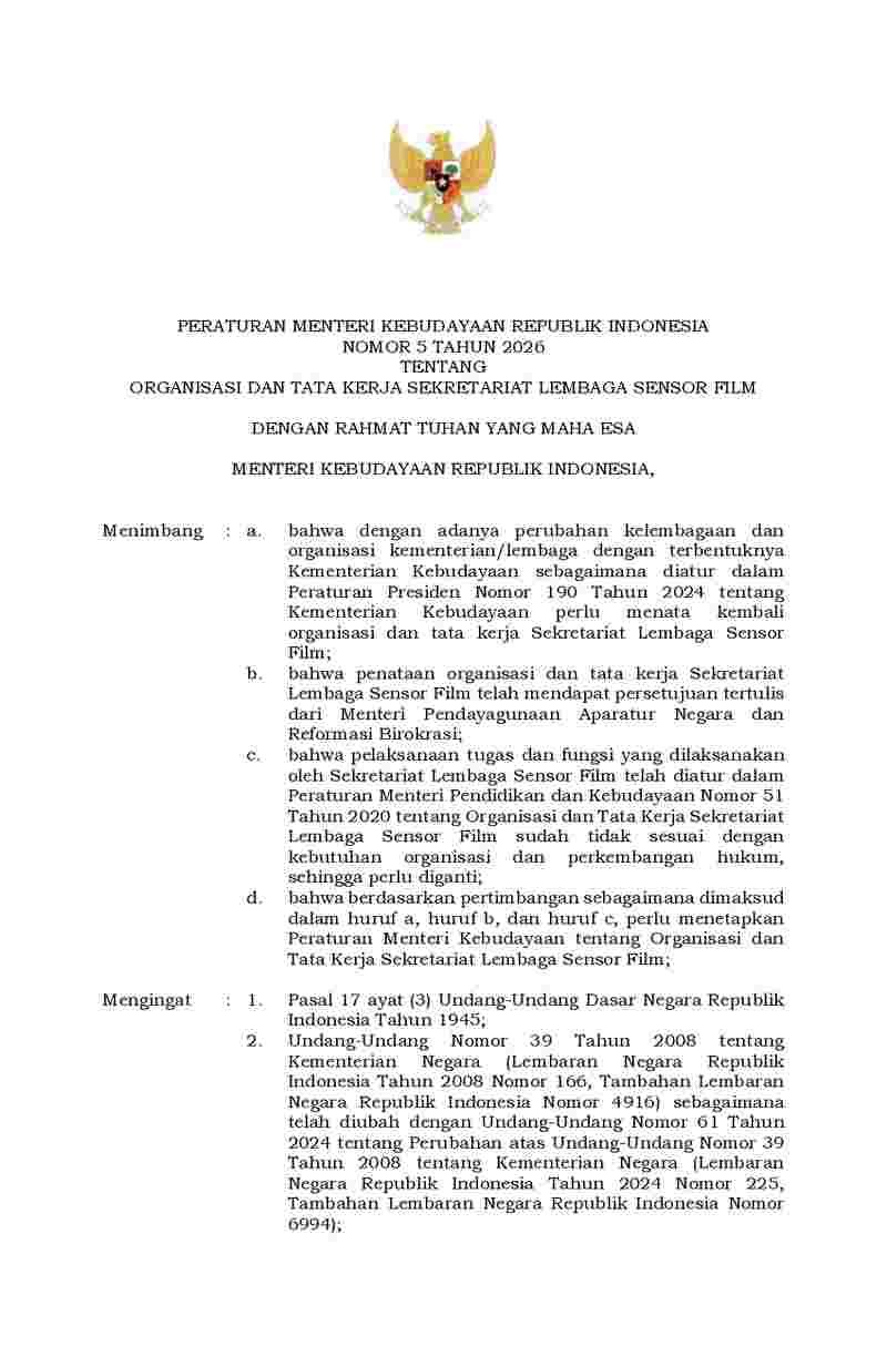 Peraturan Menteri Kebudayaan No 5 tahun 2026 tentang Organisasi dan Tata Kerja Sekretariat Lembaga Sensor Film