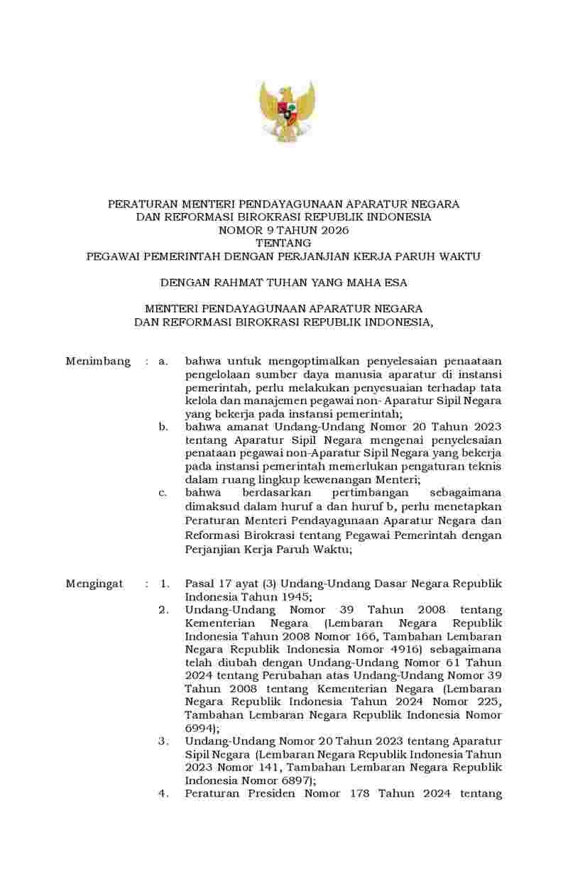 Peraturan Menteri Negara Pendayagunaan Aparatur Negara dan Reformasi Birokrasi No 9 tahun 2026 tentang Pegawai Pemerintah dengan Perjanjian Kerja Paruh Waktu