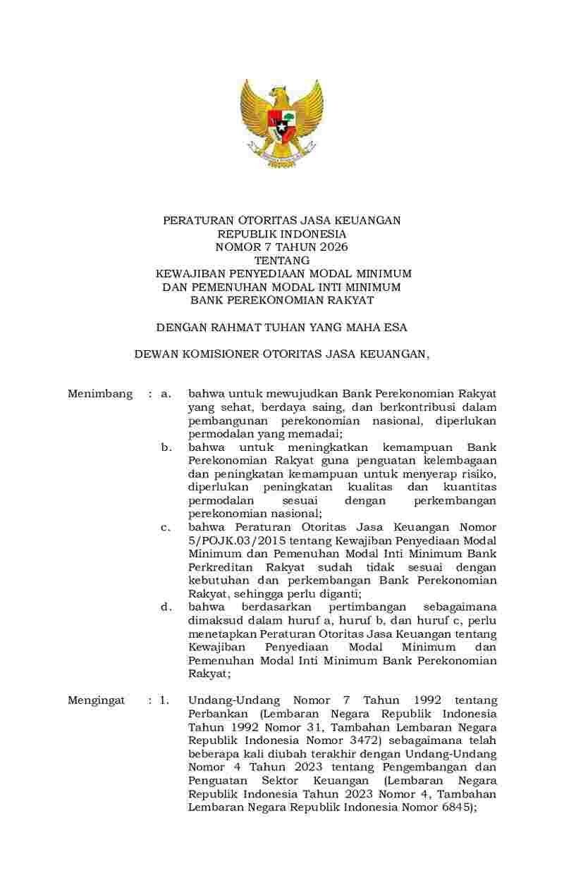 Peraturan Otoritas Jasa Keuangan (OJK) No 7 tahun 2026 tentang Kewajiban Penyediaan Modal Minimum dan Pemenuhan Modal Inti Minimum Bank Perekonomian Rakyat