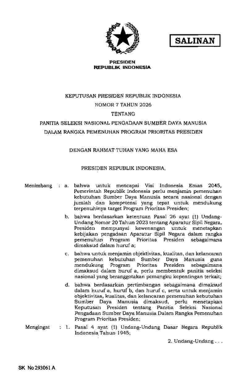 Keputusan Presiden No 7 tahun 2026 tentang Panitia Seleksi Nasional Pengadaan Sumber Daya Manusia dalam Rangka Pemenuhan Program Prioritas Presiden