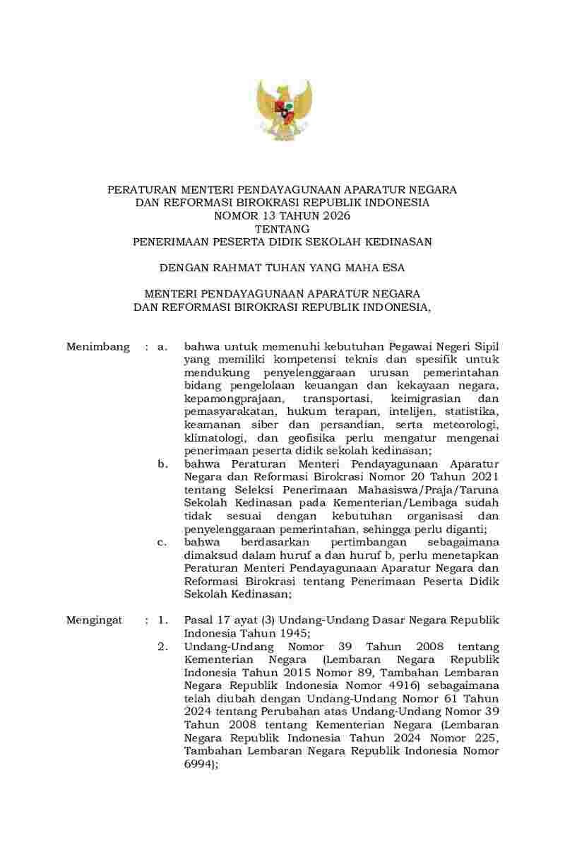 Peraturan Menteri Negara Pendayagunaan Aparatur Negara dan Reformasi Birokrasi No 13 tahun 2026 tentang Penerimaan Peserta Didik Sekolah Kedinasan