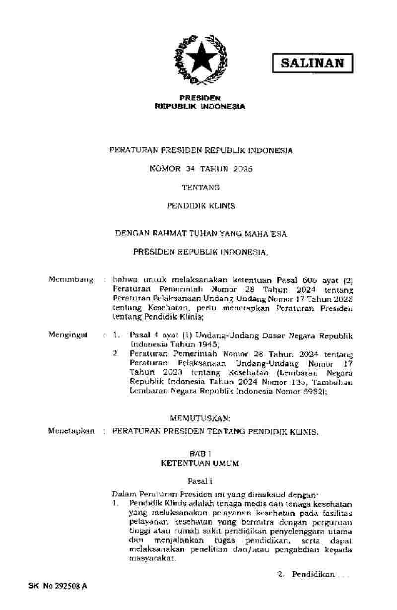 Peraturan Presiden No 34 tahun 2026 tentang Pendidik Klinis