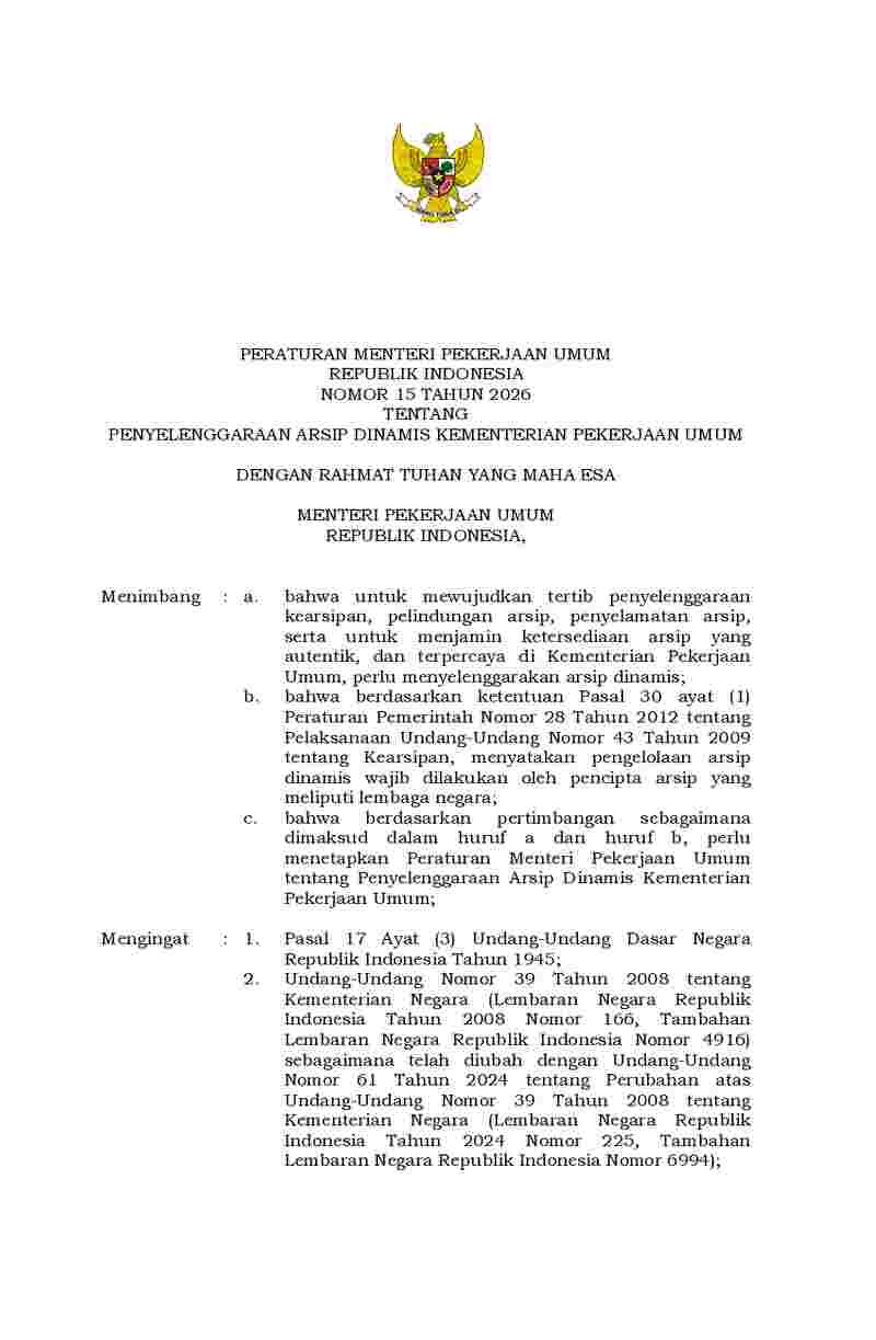 Peraturan Menteri Pekerjaan Umum No 15 tahun 2026 tentang Penyelenggaraan Arsip Dinamis Kementerian Pekerjaan Umum