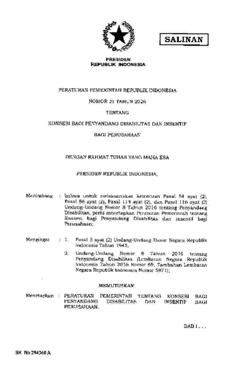 Peraturan Pemerintah No 31 tahun 2026 tentang Konsesi bagi Penyandang Disabilitas dan Insentif bagi Perusahaan
