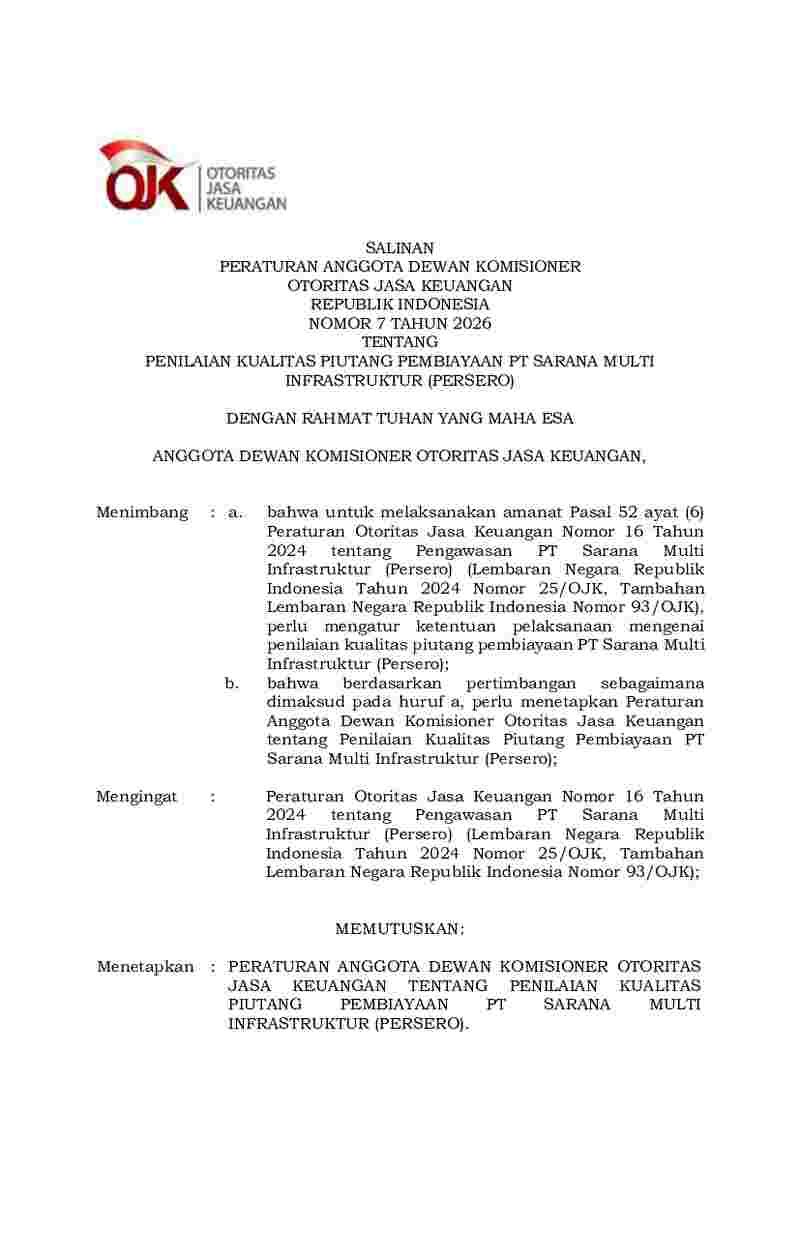 Peraturan Otoritas Jasa Keuangan (OJK) No 7 tahun 2026 tentang Penilaian Kualitas Piutang Pembiayaan PT Sarana Multi Infrastruktur (Persero)