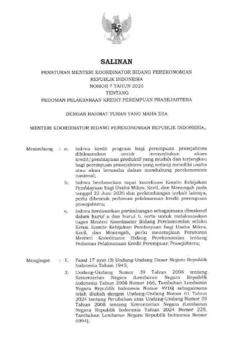 Peraturan Menko Perekonomian No 7 tahun 2026 tentang Pedoman Pelaksanaan Kredit Perempuan Prasejahtera