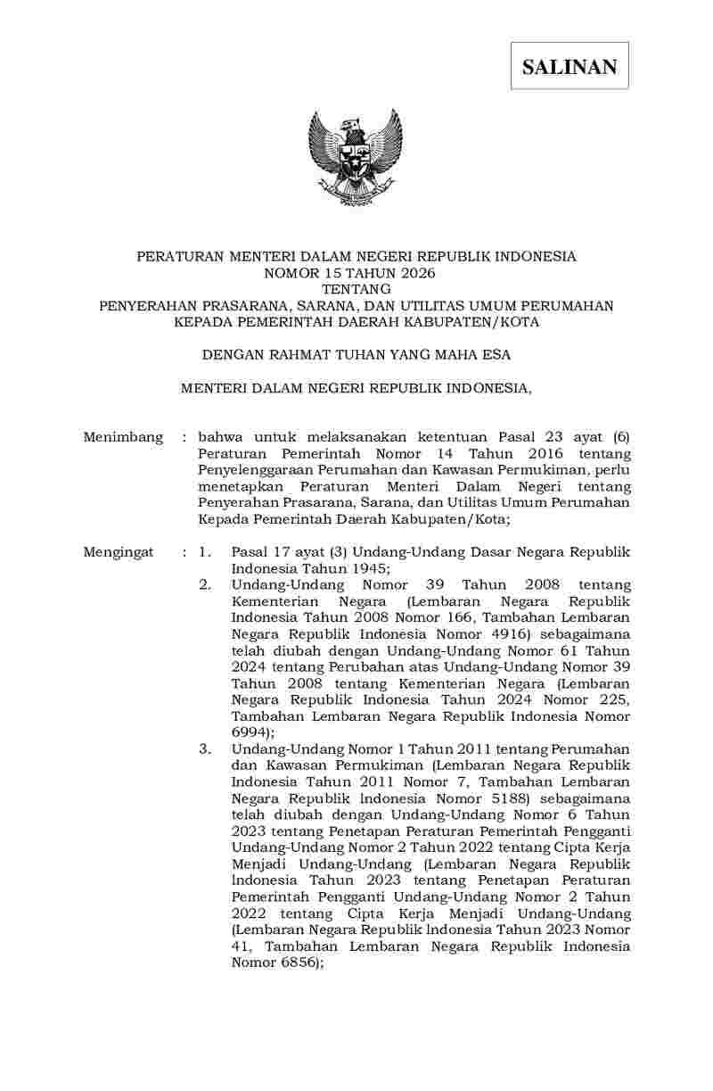 Peraturan Menteri Dalam Negeri No 15 tahun 2026 tentang Penyerahan Prasarana, Sarana, dan Utilitas Umum Perumahan kepada Pemerintah Daerah Kabupaten/Kota 