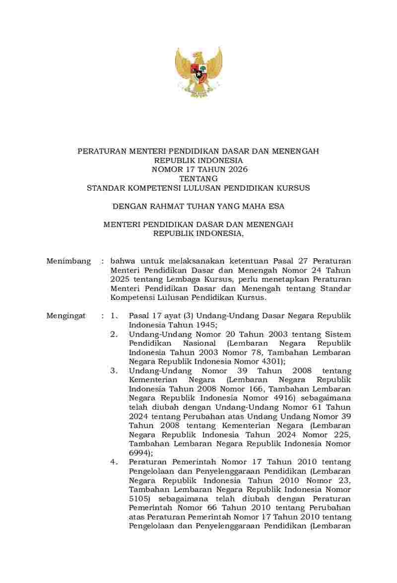Peraturan Menteri Pendidikan Dasar dan Menengah No 17 tahun 2026 tentang Standar Kompetensi Lulusan Pendidikan Kursus