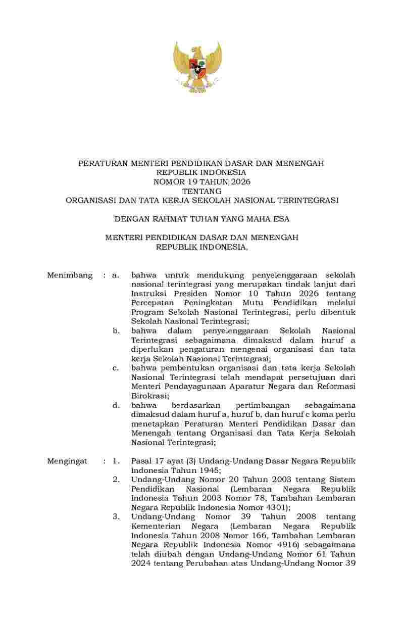 Peraturan Menteri Pendidikan Dasar dan Menengah No 19 tahun 2026 tentang Organisasi dan Tata Kerja Sekolah Nasional Terintegrasi