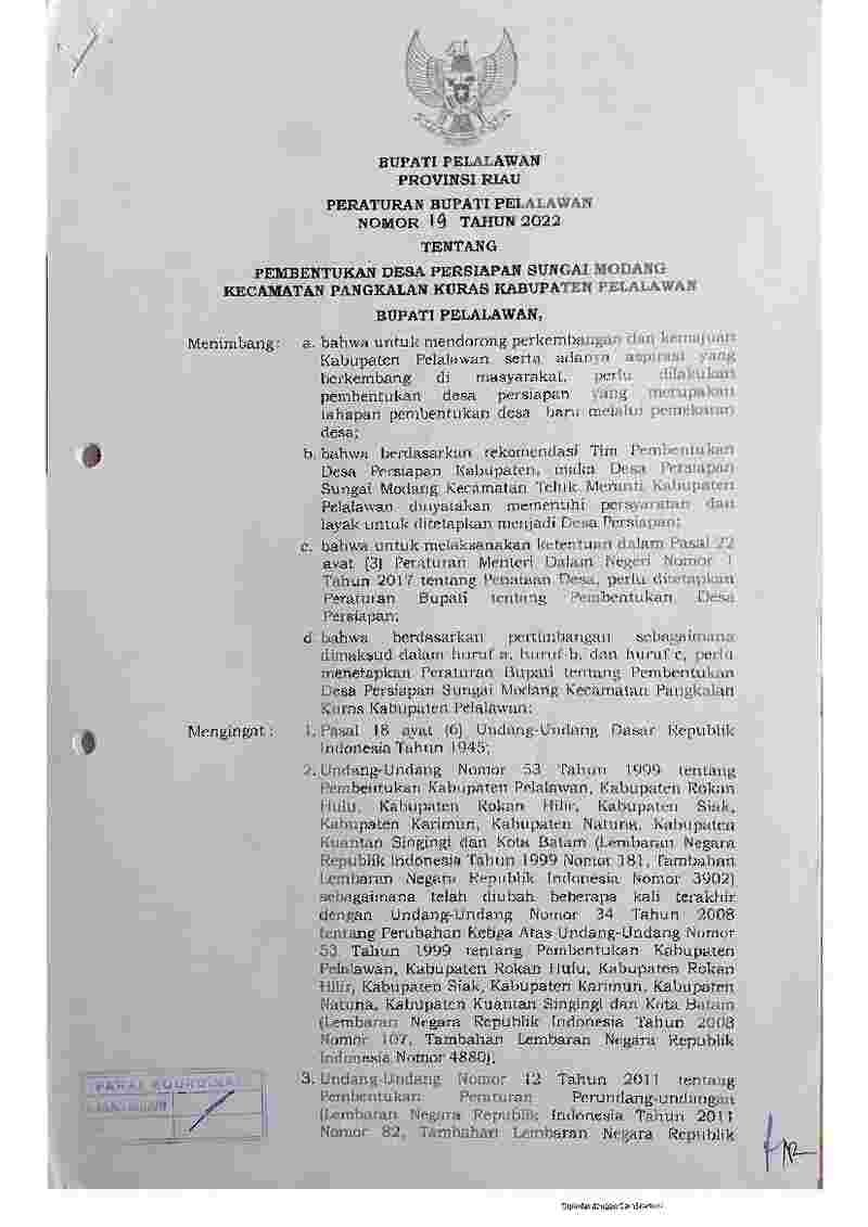 Peraturan Bupati Pelalawan No 19 tahun 2022 tentang Pembentukan Desa Persiapan Sungai Modang Kecamatan Pangkalan Kuras Kabupaten Pelalawan