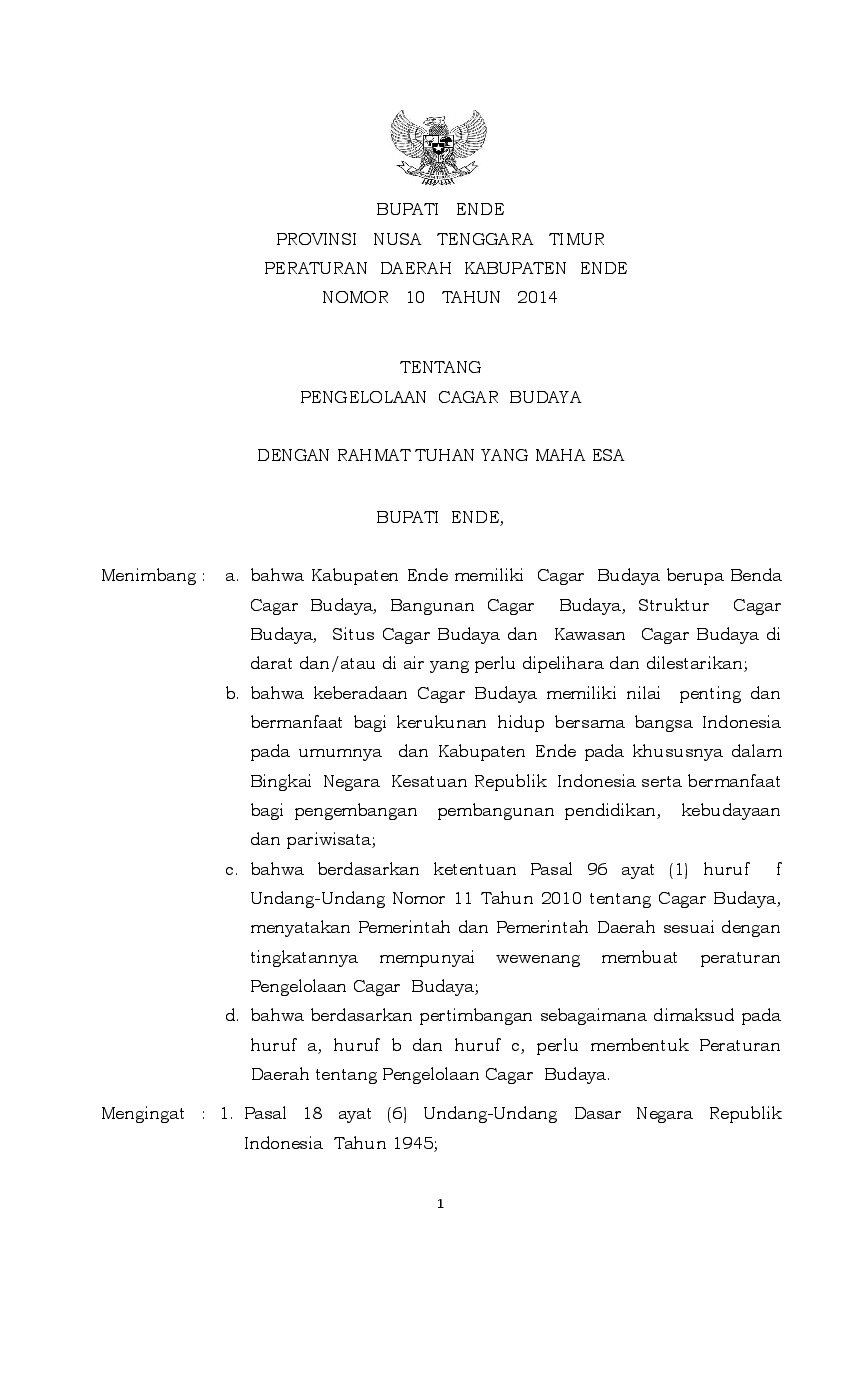 Peraturan Daerah Kab. Ende No 10 tahun 2014 tentang Pengelolaan Cagar Budaya