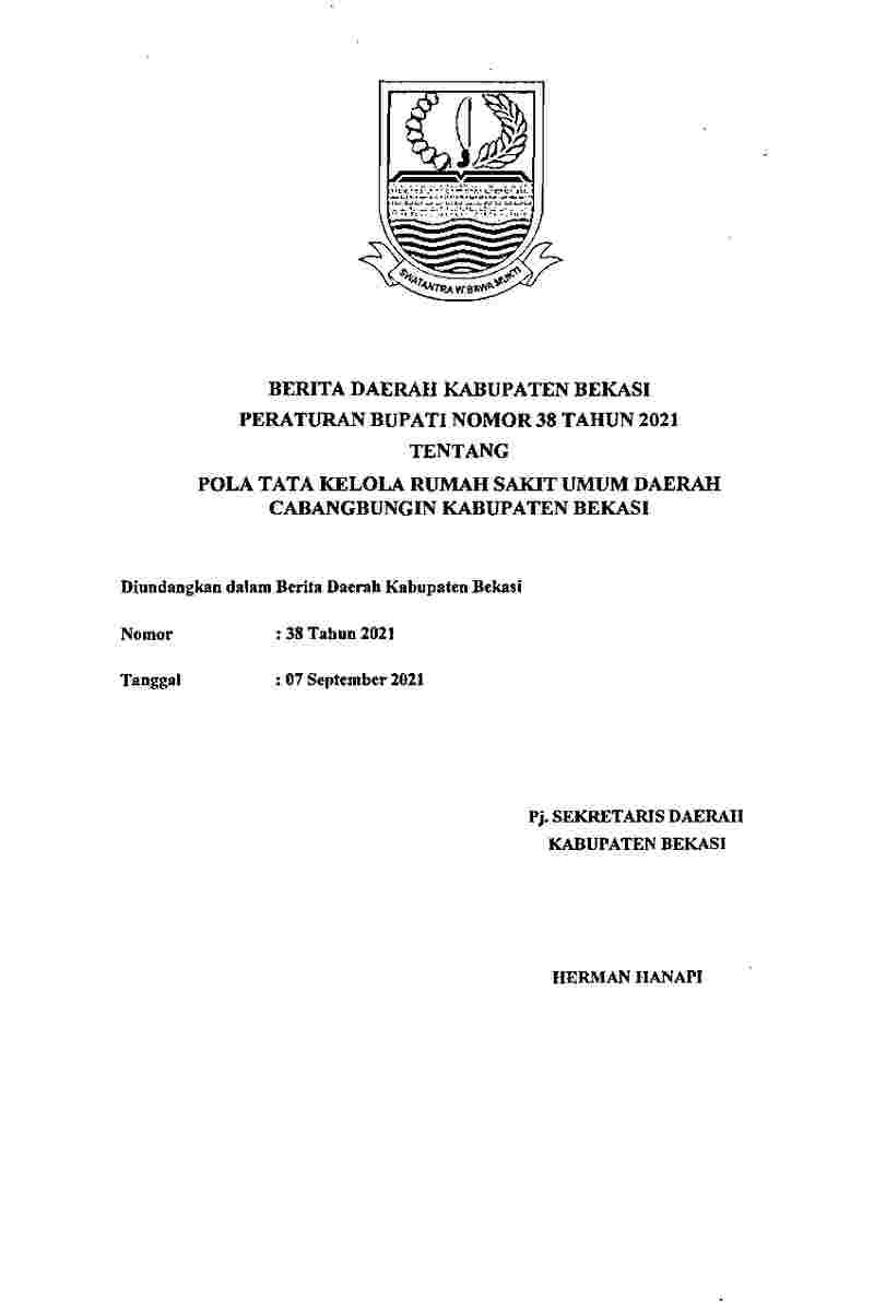 Peraturan Bupati Bekasi No 38 tahun 2021 tentang Pola Tata Kelola Rumah Sakit Umum Daerah Cabangbungin Kabupaten Bekasi 