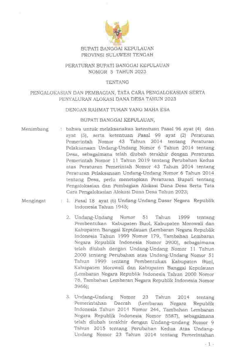 Peraturan Bupati Banggai Kepulauan No 5 tahun 2023 tentang Pengalokasian dan Pembagian, Tata Cara Pengalokasian serta Penyaluran Alokasi Dana Desa Tahun 2023