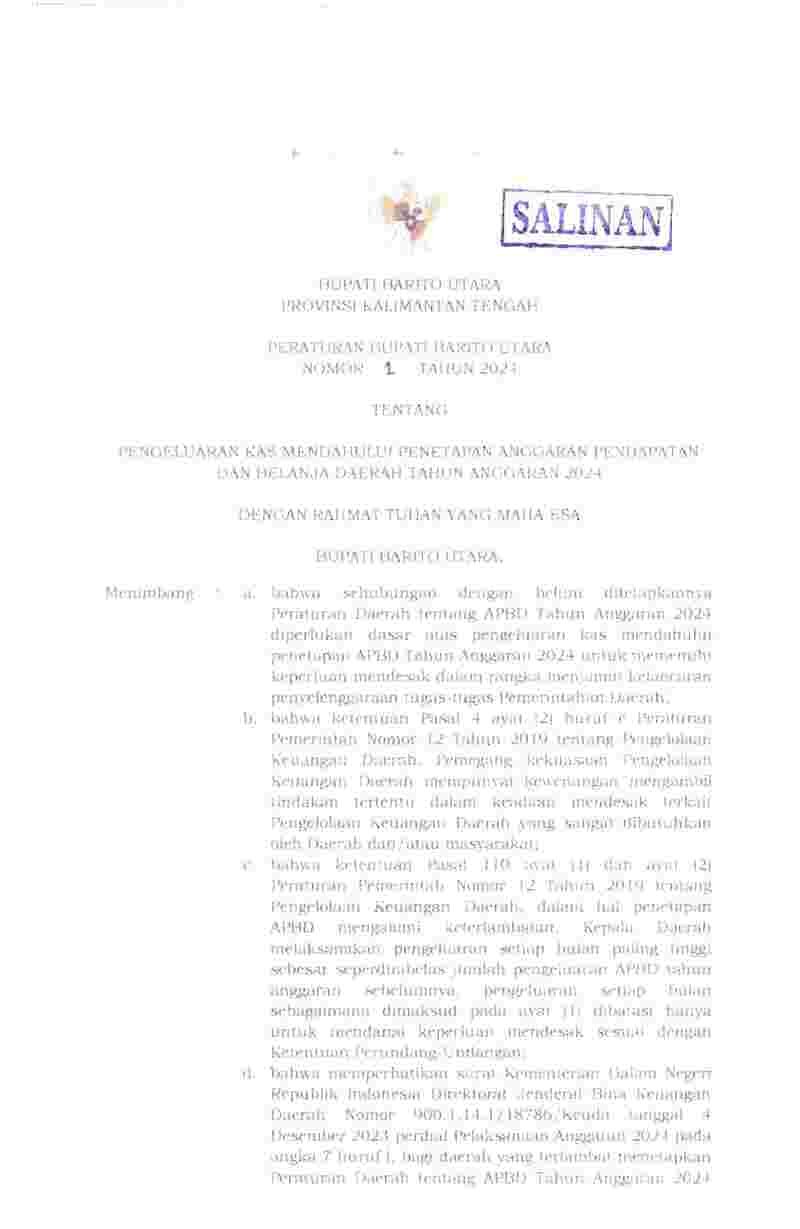 Peraturan Bupati Barito Utara No 1 tahun 2024 tentang Pengeluaran Kas Mendahului Penetapan Anggaran Pendapatan dan Belanja Daerah Tahun Anggaran 2024 