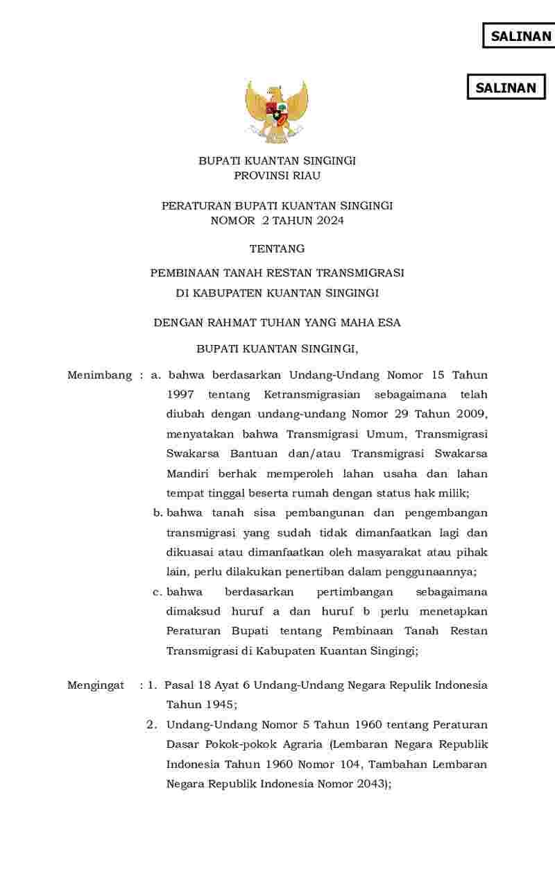 Peraturan Bupati Kuantan Singingi No 2 tahun 2024 tentang Pembinaan Tanah Restan Transmigrasi di Kabupaten Kuantan Singingi