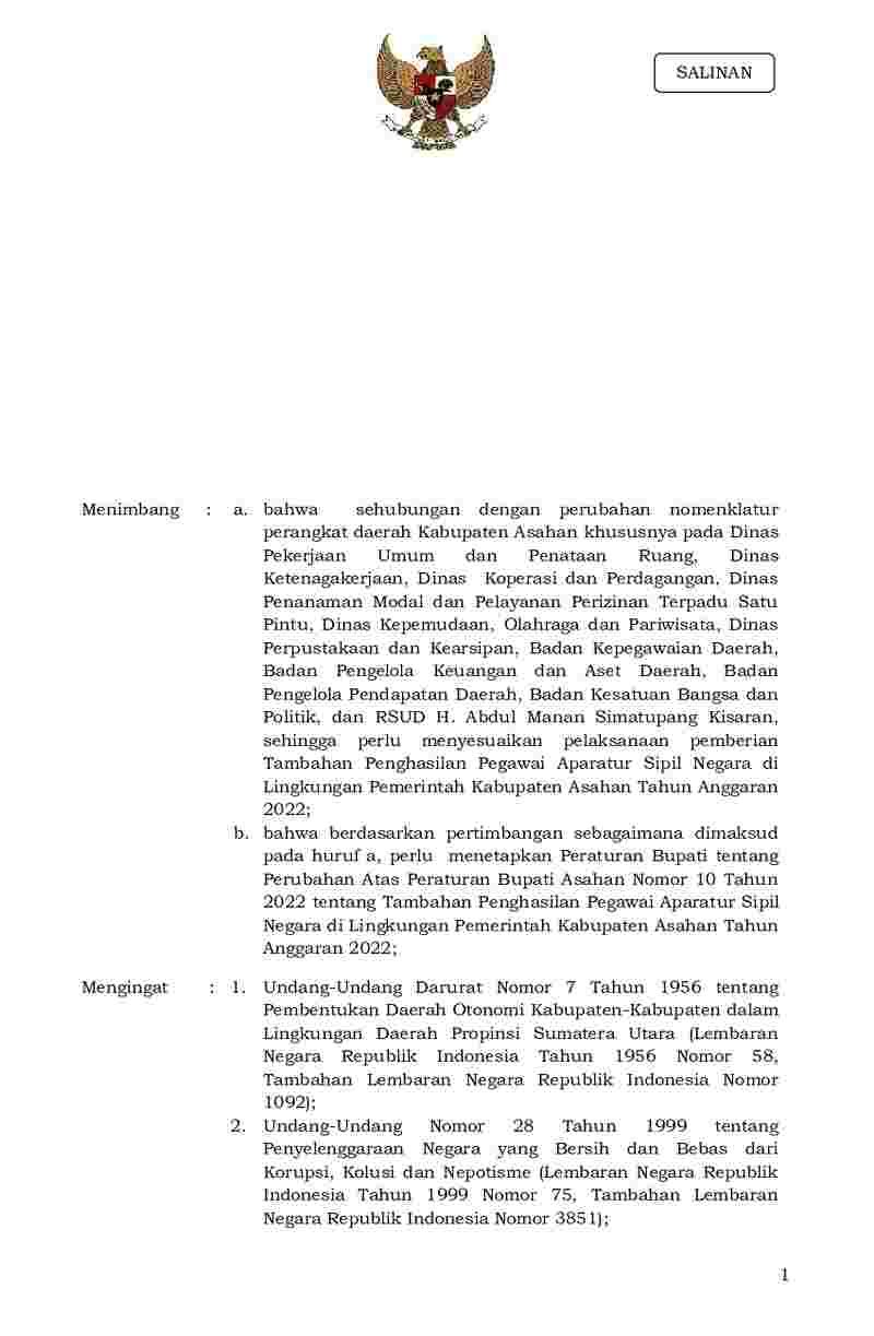 Peraturan Bupati Asahan No 60 tahun 2022 tentang Perubahan atas Peraturan Bupati Asahan Nomor 10 Tahun 2022 tentang Tambahan Penghasilan Pegawai Aparatur Sipil Negara di Lingkungan Pemerintah Kabupaten Asahan Tahun Anggaran 2022
