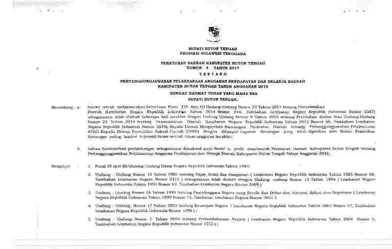 Peraturan Daerah Kabupaten Buton Tengah No 4 tahun 2017 tentang Pertanggungjawaban Pelaksanaan Anggaran Pendapatan dan Belanja Daerah Kabupaten Buton Tengah Tahun Anggaran 2016