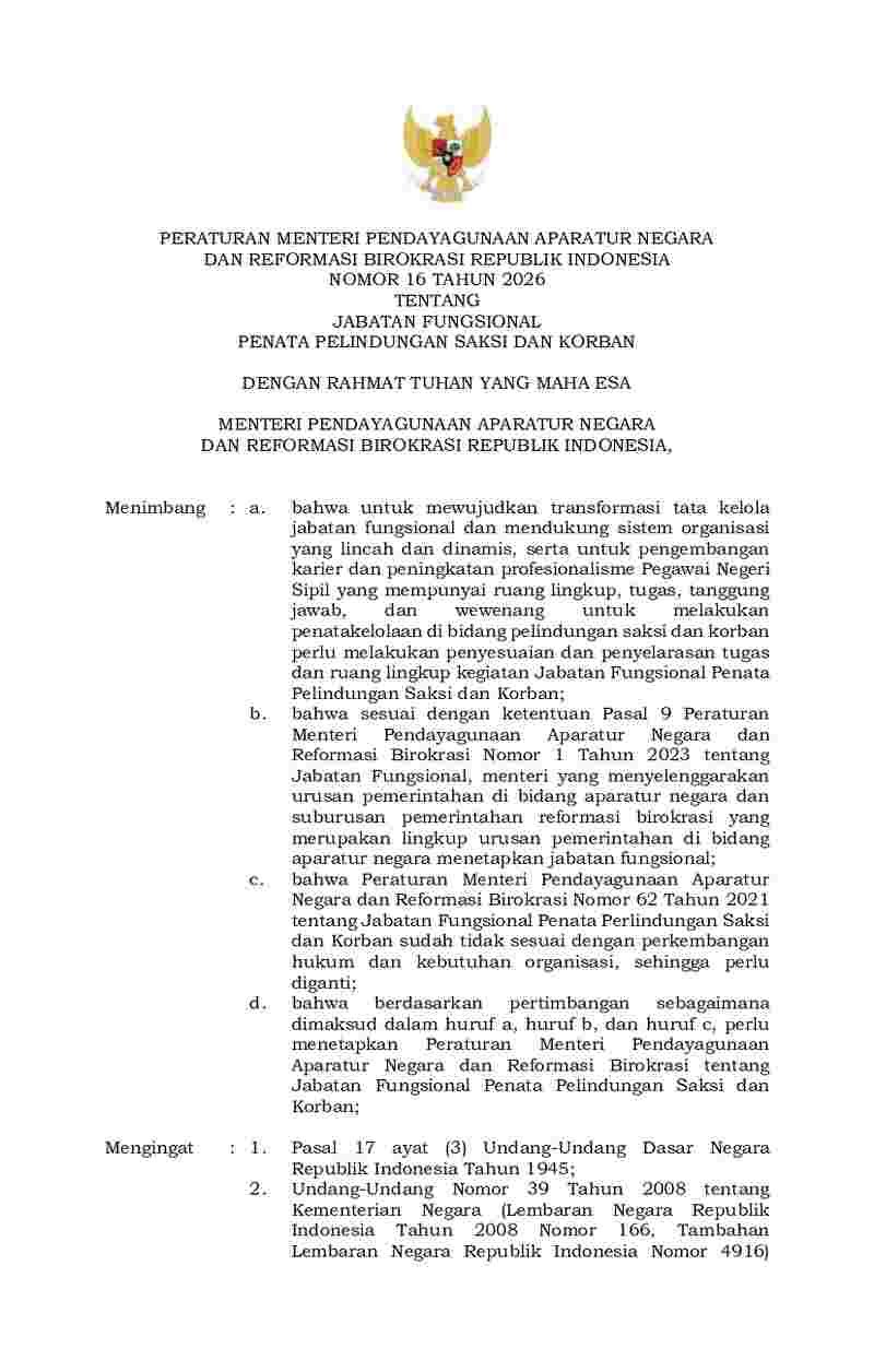 Peraturan Menteri Negara Pendayagunaan Aparatur Negara dan Reformasi Birokrasi No 16 tahun 2026 tentang Jabatan Fungsional Penata Pelindungan Saksi dan Korban