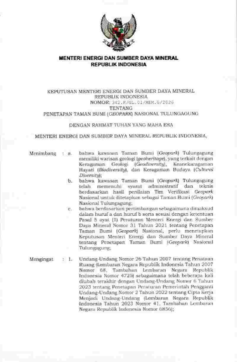 Keputusan Menteri Energi dan Sumber Daya Mineral No 342.K/GL.01/MEM.G/2026 tahun 2026 tentang Penetapan Taman Bumi (Geopark) Nasional Tulungagung