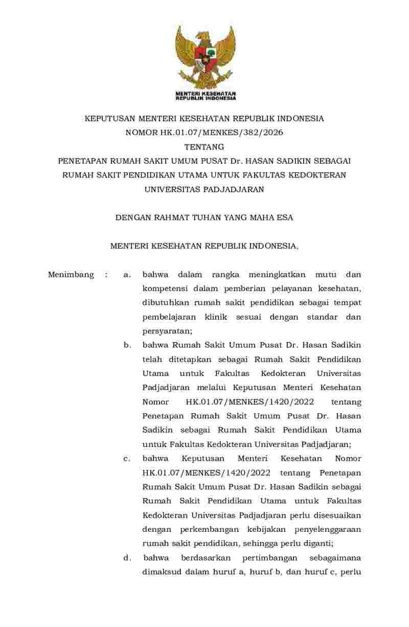 Keputusan Menteri Kesehatan No HK.01.07/MENKES/382/2026 tahun 2026 tentang Penetapan Rumah Sakit Umum Pusat Dr. Hasan Sadikin sebagai Rumah Sakit Pendidikan Utama untuk Fakultas Kedokteran Universitas Padjadjaran