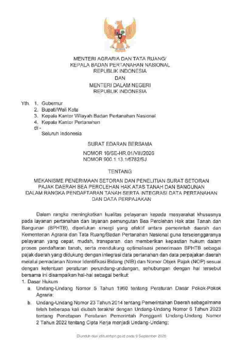 Surat Edaran Menteri Dalam Negeri No 900.1.13.1/5782/SJ tahun 2026 tentang Mekanisme Penerimaan Setoran dan Penelitian Surat Setoran Pajak Daerah Bea Perolehan Hak atas Tanah dan Bangunan dalam Rangka Pendaftaran Tanah serta Integrasi Data Pertanahan dan Data Perpajakan
