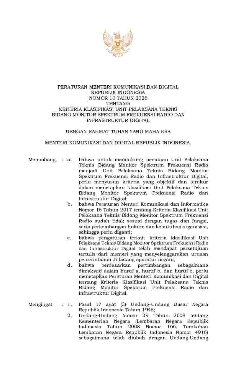 Peraturan Menteri Komunikasi dan Digital No 10 tahun 2026 tentang Kriteria Klasifikasi Unit Pelaksana Teknis Bidang Monitor Spektrum Frekuensi Radio dan Infrastruktur Digital