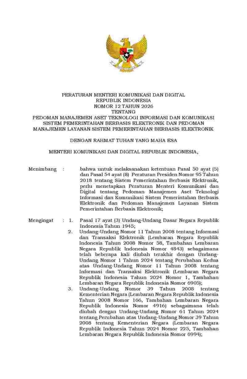 Peraturan Menteri Komunikasi dan Digital No 12 tahun 2026 tentang Pedoman Manajemen Aset Teknologi Informasi dan Komunikasi Sistem Pemerintahan Berbasis Elektronik dan Pedoman Manajemen Layanan Sistem Pemerintahan Berbasis Elektronik