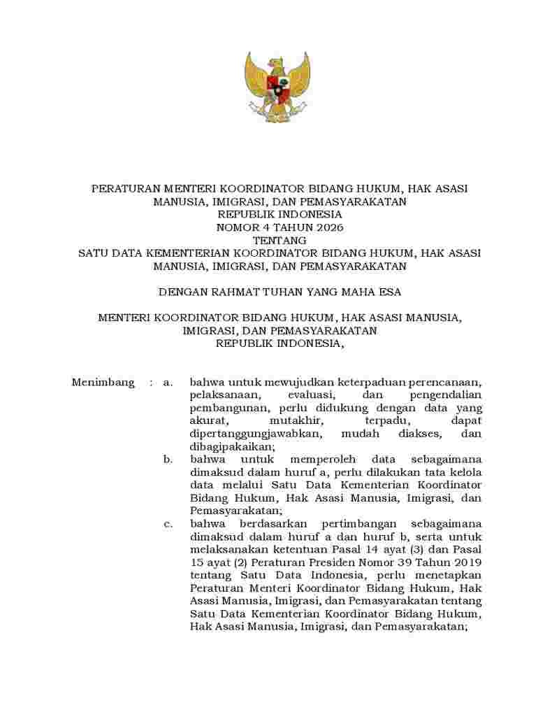 Peraturan Menteri Koordinator Bidang Hukum, Hak Asasi Manusia, Imigrasi, dan Permasyarakatan No 4 tahun 2026 tentang Satu Data Kementerian Koordinator Bidang Hukum, Hak Asasi Manusia, Imigrasi, dan Pemasyarakatan