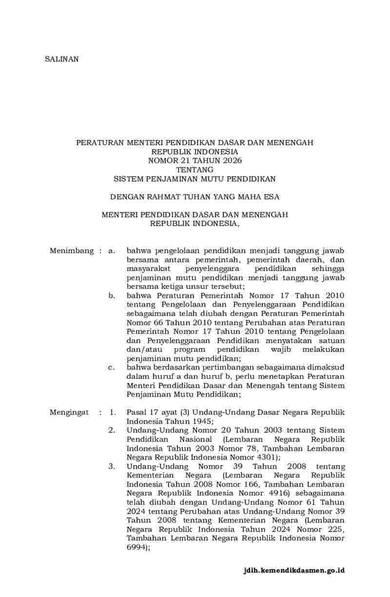Peraturan Menteri Pendidikan Dasar dan Menengah No 21 tahun 2026 tentang Sistem Penjaminan Mutu Pendidikan