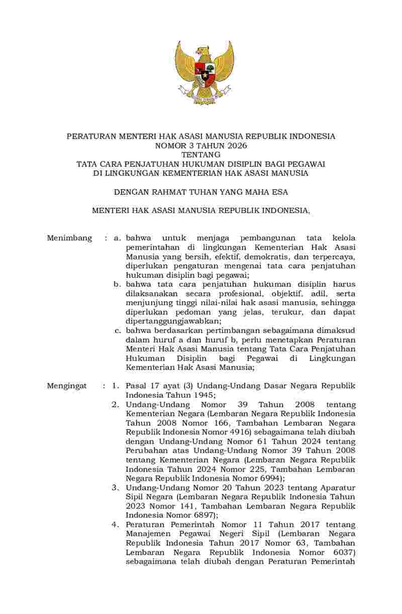 Peraturan Menteri Hak Asasi Manusia No 3 tahun 2026 tentang Tata Cara Penjatuhan Hukuman Disiplin bagi Pegawai di  Lingkungan Kementerian Hak Asasi Manusia
