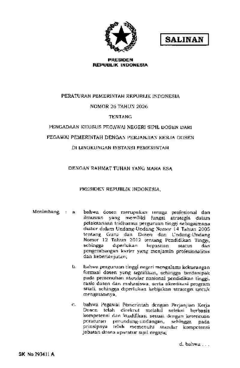 Peraturan Pemerintah No 26 tahun 2026 tentang Pengadaan Khusus Pegawai Negeri Sipil Dosen dari Pegawai Pemerintah dengan Perjanjian Kerja Dosen di  Lingkungan Instansi Pemerintah