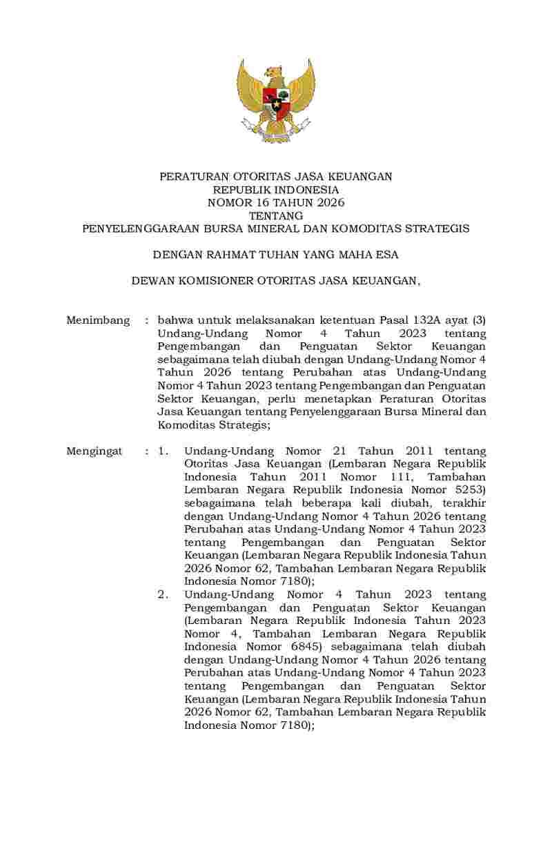 Peraturan Otoritas Jasa Keuangan (OJK) No 16 tahun 2026 tentang Penyelenggaraan Bursa Mineral dan Komoditas Strategis
