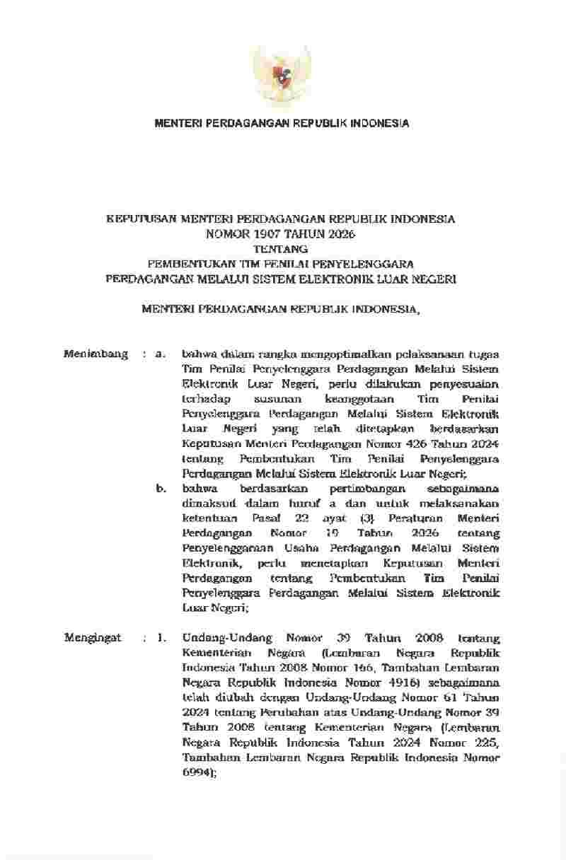Keputusan Menteri Perdagangan No 1907 tahun 2026 tentang Pembentukan Tim Penilai Penyelengara Perdagangan melalui Sistem Elektronik Luar Negeri