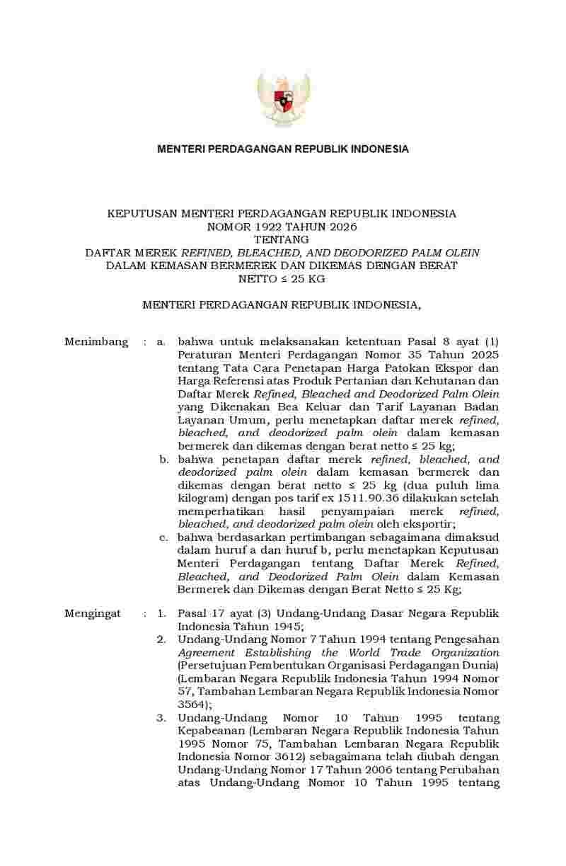 Keputusan Menteri Perdagangan No 1922 tahun 2026 tentang Daftar Merek Refined, Bleached, and Deodorized Palm Olein dalam Kemasan Bermerek dan Dikemas dengan Berat Netto <= 25 Kg