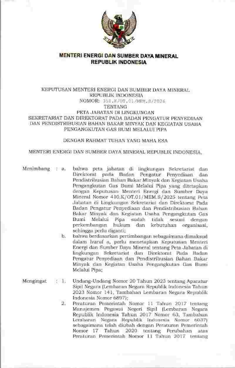 Keputusan Menteri Energi dan Sumber Daya Mineral No 358.K/OT.01/MEM.S/2026 tahun 2026 tentang Peta Jabatan di Lingkungan Sekretariat dan Direktorat pada Badan Pengatur Penyediaan dan Pendistribusian Bahan Bakar Minyak dan Kegiatan Usaha Pengangkutan Gas Bumi melalui Pipa