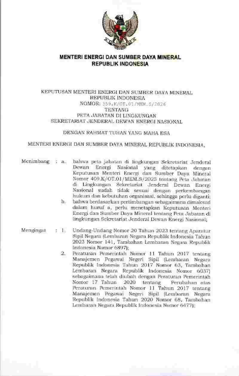 Keputusan Menteri Energi dan Sumber Daya Mineral No 359.K/OT.01/MEM.S/2026 tahun 2026 tentang Peta Jabatan di Lingkungan Sekretariat Jenderal Dewan Energi Nasional