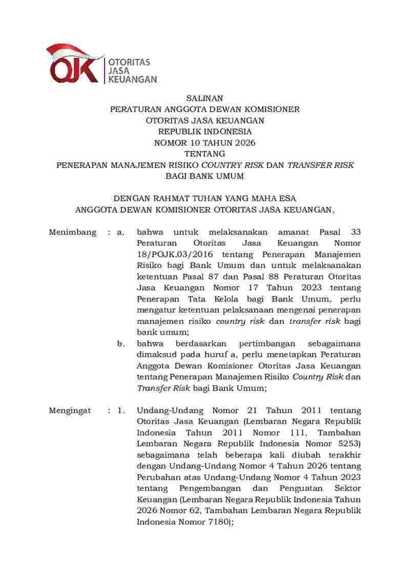 Peraturan Anggota Dewan Komisioner Otoritas Jasa Keuangan No 10 tahun 2026 tentang Penerapan Manajemen Risiko Country Risk dan Transfer Risk bagi Bank Umum