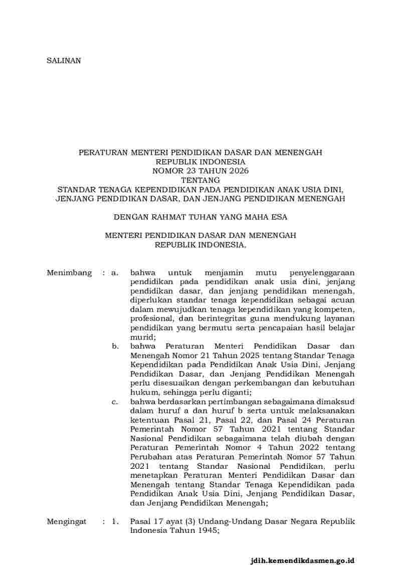 Peraturan Menteri Pendidikan Dasar dan Menengah No 23 tahun 2026 tentang Standar Tenaga Kependidikan pada Pendidikan Anak Usia Dini, Jenjang Pendidikan Dasar, dan Jenjang Pendidikan Menengah