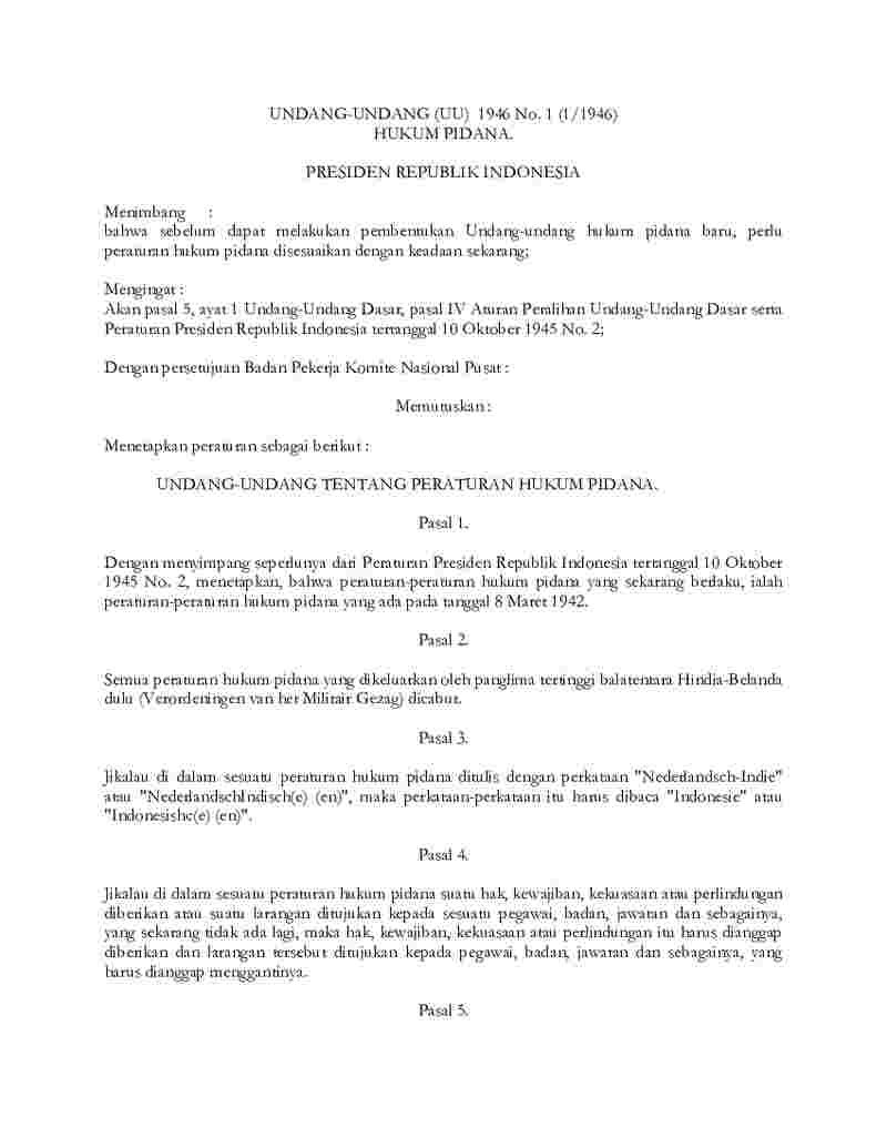 Undang Undang No 1 tahun 1946 tentang Hukum Pidana