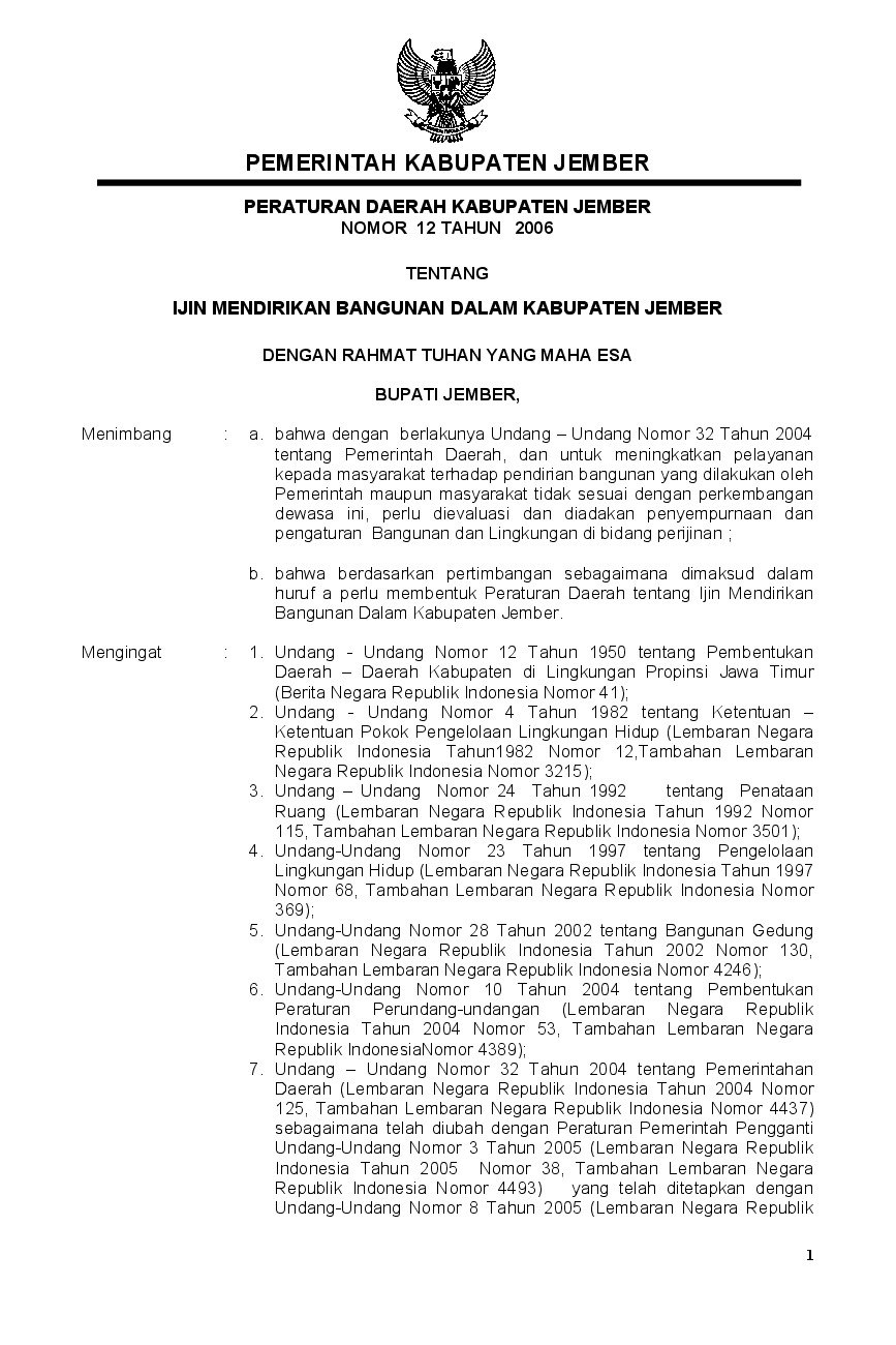 Peraturan Daerah Kabupaten Jember No 12 tahun 2006 tentang Ijin Mendirikan Bangunan Dalam Kabupaten Jember
