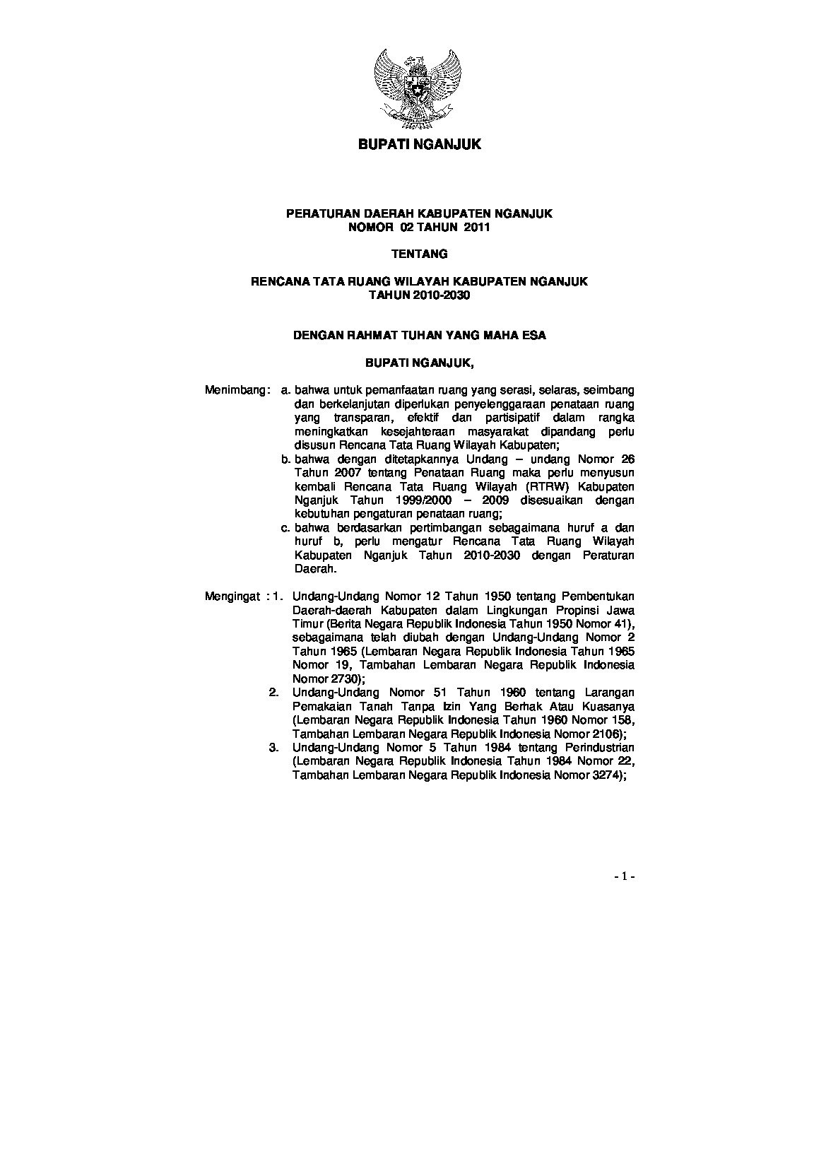 Peraturan Daerah Kab. Nganjuk No 2 tahun 2011 tentang Rencana Tata Ruang Wilayah Kabupaten Nganjuk Tahun 2010-2030